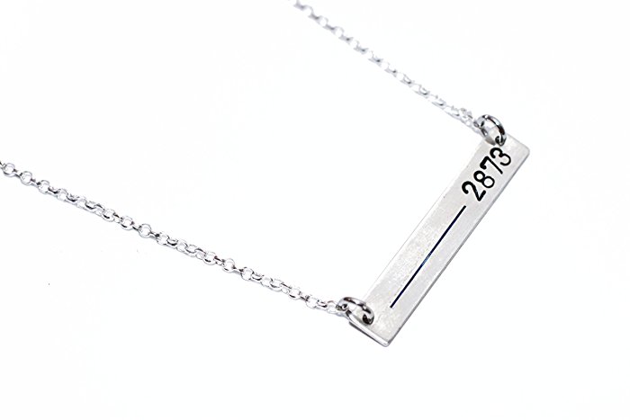 Thin Blue Line personalized necklace for Police wives. Custom law enforcement badge number with blue, red, black line. Rectangle bar pendant in Sterling Silver, 14K Gold, Rose Gold fill.
