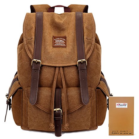 KAUKKO Canvas Leather Backpack Travel Hiking Rucksack Satchel Bookbag Daypack