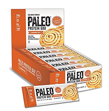 Paleo Protein Bar® (Cinnamon Roll) 12 Bars (20g Egg White Protein 6 Net Carbs w/Probiotics)