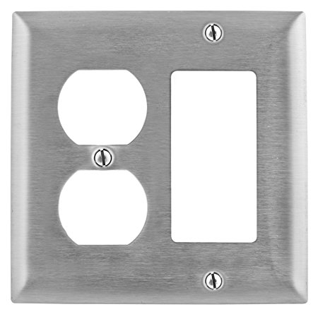 Bryant Electric SS826 Metallic Wallplate, 2-Gang, 1 Duplex 1 Decorator/GFCI Openings, Standard Size, 302/304, StainlessSteel, With Removable White Protective Film