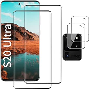 [2 2 Pack] Galaxy S20 Ultra Screen Protector, 9H Tempered Glass Include a Camera Lens Protector,Ultrasonic Fingerprint Compatible,3D Curved, HD Clear for Samsung S20 Ultra 5G Glass Screen Protector