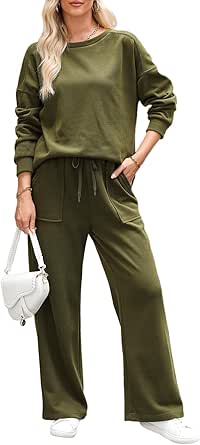 Dokotoo Women's Cotton 2 Piece Outfits Sweatsuit Casual Fall Long Sleeve Knit Tops And Pants Lounge Sets