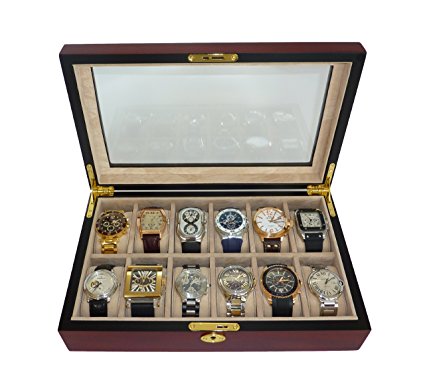 Elegant 12 Piece Cherry Wood Rosewood Watch Box Display Case Collection Jewelry Box Storage Glass Top