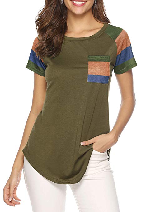 DanceWhale Women's Short Sleeve Round Neck Color Block Tunic Tops Casual T Shirt Blouse