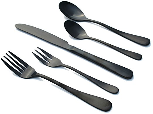 Matte Black Flatware Set Stainless Steel Dinnerware Silverware Utensils With Silver Napkin