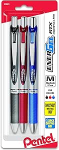 Pentel EnerGel Deluxe RTX Gel Ink Pens, 0.7 Millimeter Metal Tip, Black/Red/Blue Ink, 3-Pack (BL77BP3M)