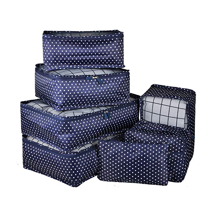 Vercord 7 Set Travel Packing Organizers Cubes Mesh Luggage Cloth Bag Cubes With Bra/Underwear Cube and Shoe Pouch, Navy Blue Dots