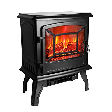 ROVSUN 20"H Electric Fireplace Stove Adjustable 1400W Space Heater Portable Indoor Freestanding Fireplace with Thermostat,Realistic Flame and Logs Vintage Design for Corners,CSA Approved Safety Black
