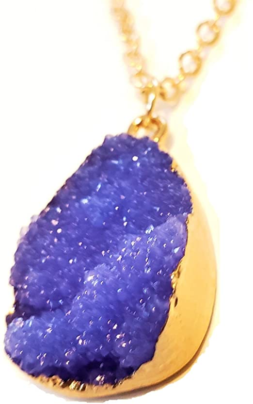 Blue Irregular Druzy Teardrop Gold 0.8" Pendant Necklace