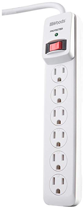 Woods 41497 Surge Protector With Safety Overload Feature 6 Outlets For 900J Of Protection, 3-Foot Cord, White