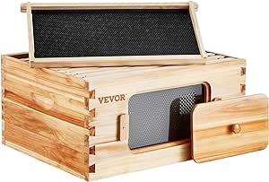 VEVOR 10 Frame Deep Brood Bee Hive Box, Bee Box Dipped in 100% Beeswax, Langstroth Beehive Kit with 10 Frames and Foundations Sheets and Transparent Acrylic Windows for Beekeeping Supplement