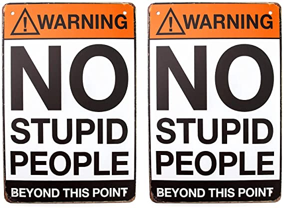 QWORK No Stupid People Beyond This Point Metal Tin Sign for Wall Decor, 8x12 Inches (20x30cm)