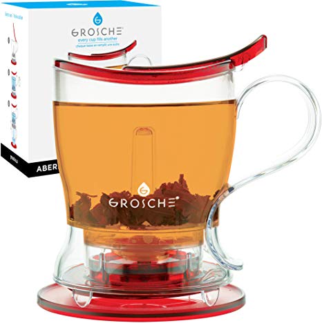 GROSCHE Aberdeen PERFECT TEA MAKER set with coaster, Tea Steeper, Teapot, Tea Infuser, 17.7 oz. 525 ml, EASY CLEAN Steeper, BPA-Free, RED tea pot