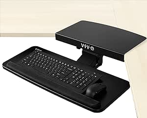 VIVO Adjustable Computer Keyboard and Mouse Platform Tray with Corner Connector, Ergonomic Under Table Desk Mount Drawer for L-Shaped Workstations, Underdesk Shelf, Black, MOUNT-KB03B-C