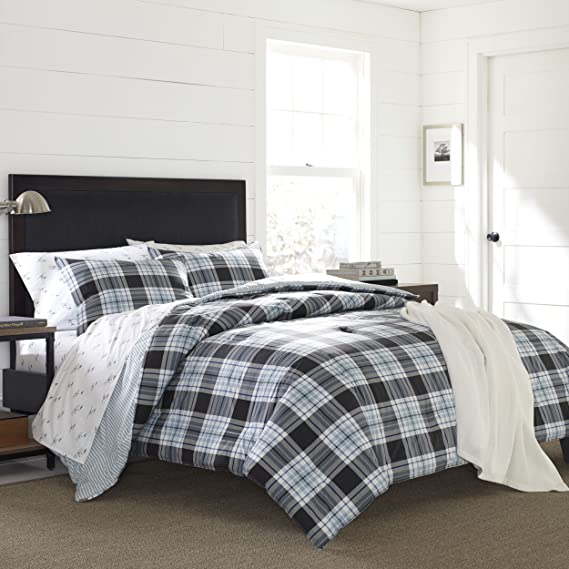 Eddie Bauer Home | Lewis Collection | Comforter Set-100% Cotton, Soft and Cozy, Reversible Plaid Bedding, Queen, Navy