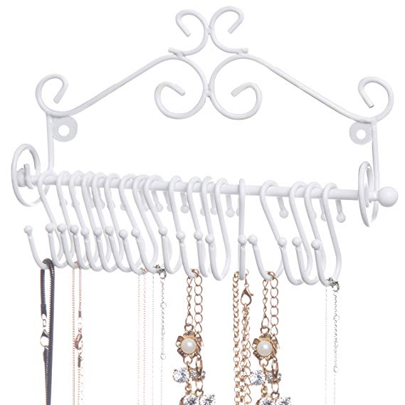 MyGift Wall-Mounted White Metal Scrollwork Design Hanging Jewelry Organizer Rack w/20 Hanging S-Hooks