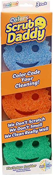 Scrub Daddy Colors - FlexTexture Sponge, Soft in Warm Water, Firm in Cold, Deep Cleaning, Dishwasher Safe, Multi-use, Scratch Free, Odor Resistant, Functional, Ergonomic, 3ct