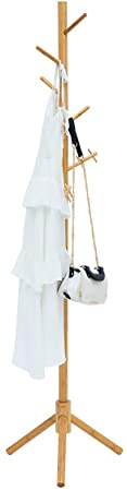 ZHU CHUANG Bamboo Coat Rack Stand 8 Hooks Display Hall Tree for Clothes, Hats, Handbags and Umbrella (Natural)