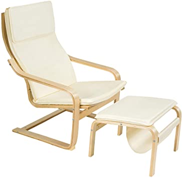 Giantex Wooden Lounge Chair with Ottoman, Modern Accent Armchair Leisure Chair with Removable Cushion, Suitable for Living Room Bedroom Balcony, Armchair and Footstool Set (Beige)