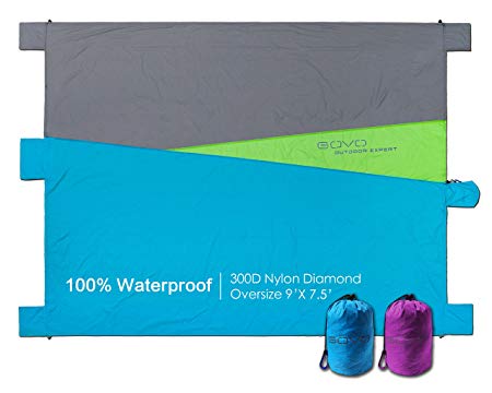 Beach Blanket Picnic Mat Waterproof Oversize 9'X7.5'/ Lightweight/Build in 6 Sand Anchors Valuables Pockets Plus 4 Plastic Ground Stakes/Multipurpose