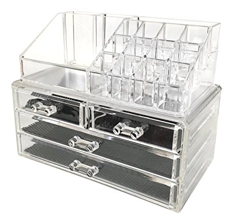 Acrylic Makeup Organizer Cosmetic Organizers Jewelry and Cosmetic Storage Grid Holders Durable Plastic Case Cabinets Display Box Colorless Two Piece Set with Removable Black Mesh Padding (4 Drawers)