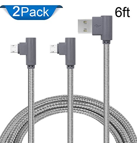 2 Pack Micro USB Cable Gray, 6ft/2m 90 Degree Android Cable, Right Angle Charging Cable for Samsung, Nexus, LG, Motorola, Android Smartphones and More