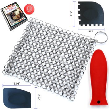 KitCast- Cast Iron Cleaner XL 8x6 Premium Stainless Steel Chainmail Scrubber With Bonus Iron Skillet Handle Holder, Pan Scraper and Grill Scraper Cookware Cleaning Set plus e-Book