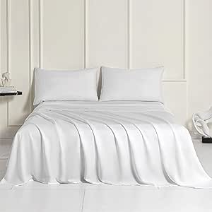 Sophia & William 100% Tencel Lyocell Queen Sheet Set - 4 Pieces, Extra Soft and Cooling Bed Sheet Set Derived from Eucalyptus, White - with 2 Pillowcases & 1 Deep Pocket Fitted Sheet