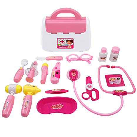 Kids Doctor Set Mini Medical Box Doctors Kit Doctor Playset for Children 15PCs (Pink)