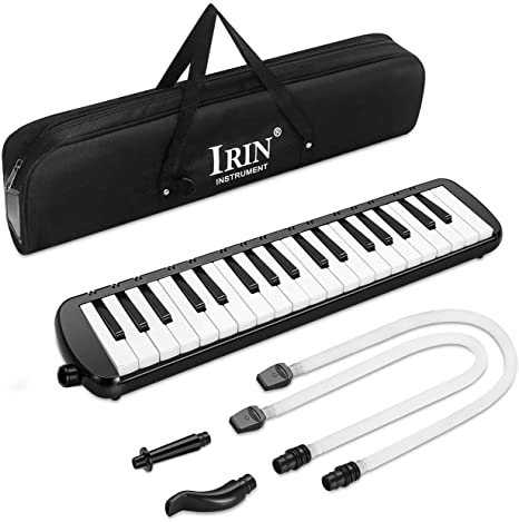 Flexzion Melodica 37 Key (Black) Pianica Blow Piano Keyboard Harmonica Wind Instrument/w Portable Carrying Bag, 2 Long Tube Mouthpiece, 2 Trumpet Mouthpiece Kit for Beginners Kids Fun Music Gift