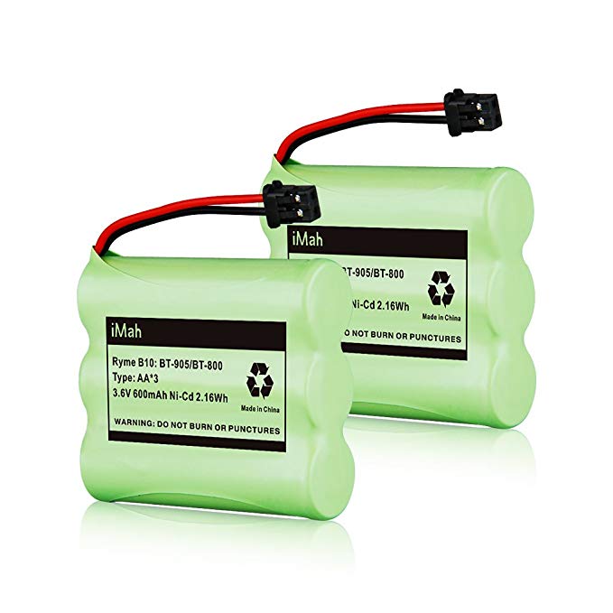 2-Pack iMah Ryme B10 BT-905 BT-800 Nickel-Cadmium Rechargeable Cordless Phone Battery Compatible with Uniden BT905 BBTY0663001 BBTY-0444001 BBTY-0449001, DC 3.6V 600mAh AA Type