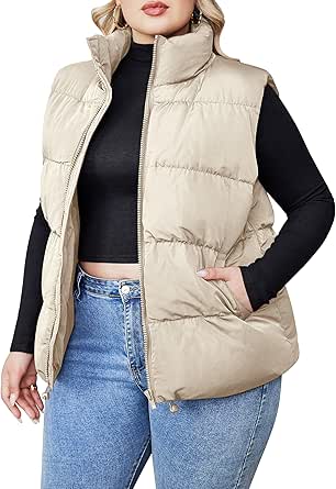 IN'VOLAND Women's Plus Size Zip Up Puffer Vest Stand Collar Outerwear Sleeveless Padded Jacket Coat with Pockets