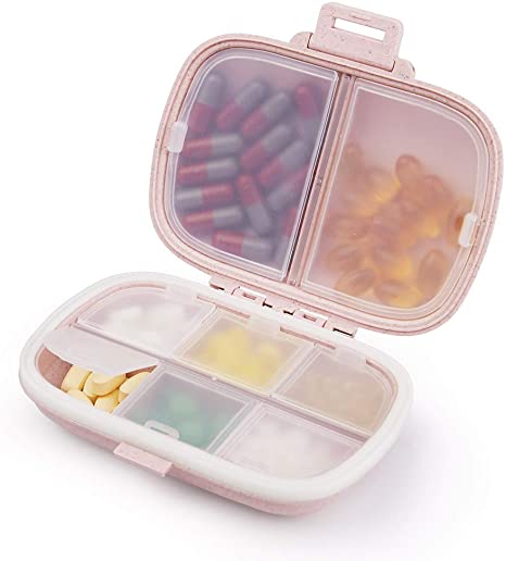 FOODAGE 2 Pack Portable Pill Organizer, 8 Compartments Pill Case for Purse, Moisture Proof Medicine Box for Travel, Small Pill Container for Vitamins Supplement and Fish Oils（Pink)