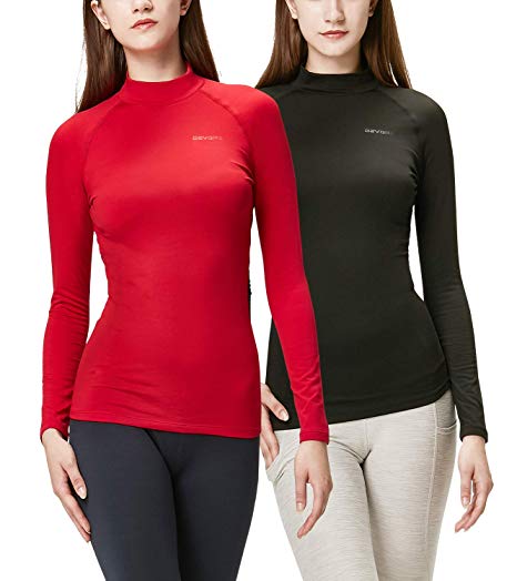 DEVOPS Women's 2 Pack Thermal Heat-Chain Compression Baselayer Tops Mock Turtleneck Long Sleeve T-Shirts