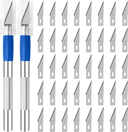 42-PACK Craft Knife Kit 2PCS Utility Knife Hobby Knife Precision Cutter Silicone Handle with 40PCS #2 Hobby Knife Blades for DIY,Cutting,Carving(Blue)