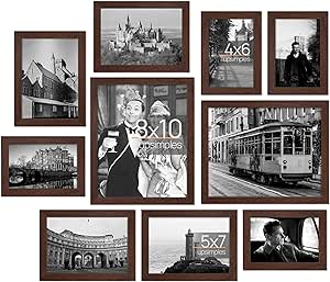 upsimples 10 Pack Picture Frames Collage Wall Decor with Glass, Gallery Wall Frame Set for Wall Mounting or Tabletop Display, Multi Sizes Including 8x10, 5x7, 4x6 Family Photo Frames, Brown