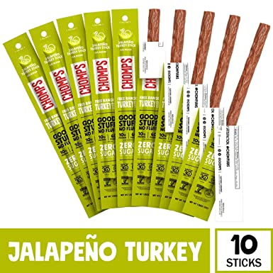 CHOMPS Free Range Turkey Jerky Meat Snack Sticks, Keto, Paleo, Whole30 Approved, Low Carb, High Protein, Gluten Free, Sugar Free, Nitrate Free, 60 Calories 1.15 Oz Sticks, Jalapeño Turkey 10 Pack