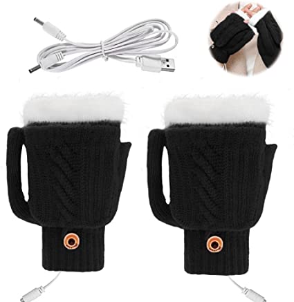 Furado USB Heated Gloves, Unisex Winter Hand Warm Gloves, Half Fingerless Knitting USB Heated Mittens, Washable Winter Electric Heating Gloves for Winter Typing, Outdoor Sports and Winter Warmth
