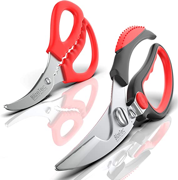 BlizeTec Kitchen Poultry Shears and Seafood Scissors: Multipurpose Heavy Duty with Anti-Slip Handles for Meat, Fish, Chicken, Bone and Much More (Red)