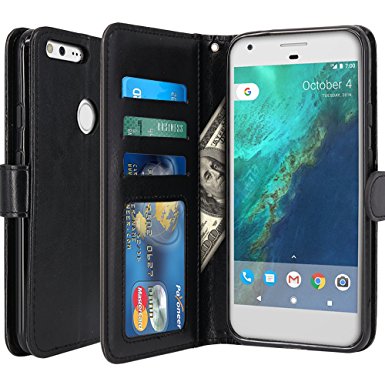 Google Pixel Case, LK Luxury PU Leather Wallet Flip Protective Cases Cover with Card Slots & Stand (Black)