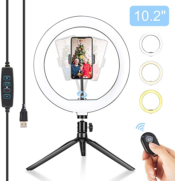 10" Selfie Ring Light with Tripod Stand and Cell Phone Holder for Live Stream/Makeup, LED Dimmable Desk Ring Light for YouTube Video/Photography Compatible with iPhone Xs Max XR Android