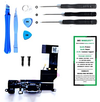 iPhone 5S Charge Port Dock and Headphone Jack Flex Cable (Black) Replacement Kit with DM Tools and Instructions Included - DIYMOBILITY
