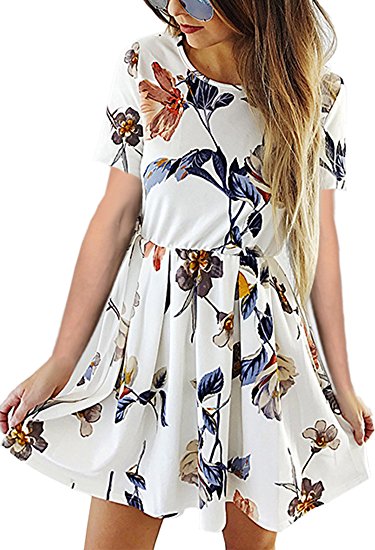 Angashion Womens Dresses Casual Floral Print Long Sleeve Swing Pleated Skater A Line Mini Dress