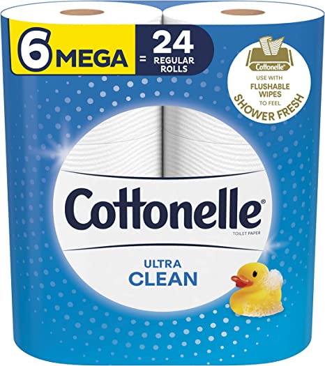 Cottonelle Ultra Clean Toilet Paper, Strong Bath Tissue, 6 Mega Rolls (Equals 24 Regular Rolls)