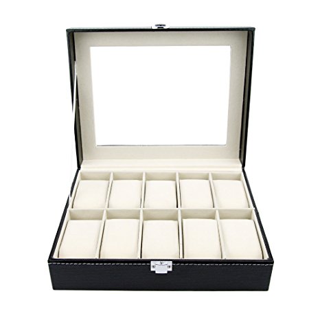Watch Box Large 10 Black Mens Womens Leather Display Glass Top Jewelry Case Organizer by Satellas