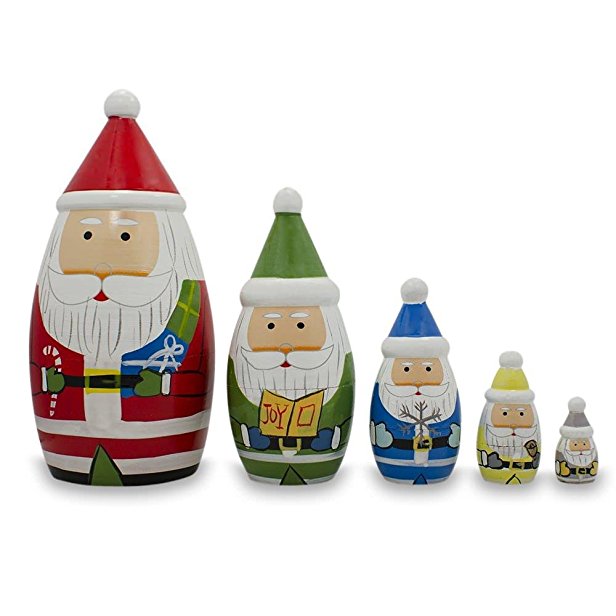 5.5" Set of 5 Multicolor Santa with Christmas Gifts Wooden Nesting Dolls