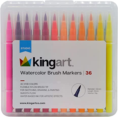 KingArt Studio Tip Watercolor Brush Markers, Set of 36, Unique Colors