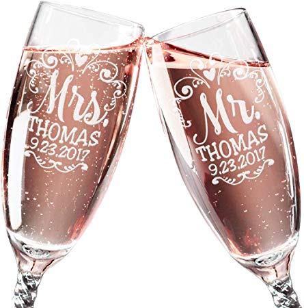 Mr Mrs Wedding Reception Celebration Twisty Stem Champagne Glasses Set of 2 Couples Newlywed Married Gift Groom Bride Husband Wife Anniversary Engraved CLEAR Flute Glass Favors (Personalized)