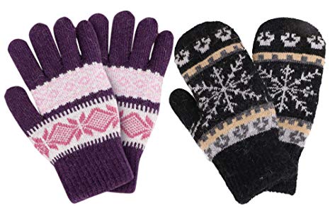 Women's Winter Fair Isle Knit Sherpa Lined Mittens - Set of 2 Pairs