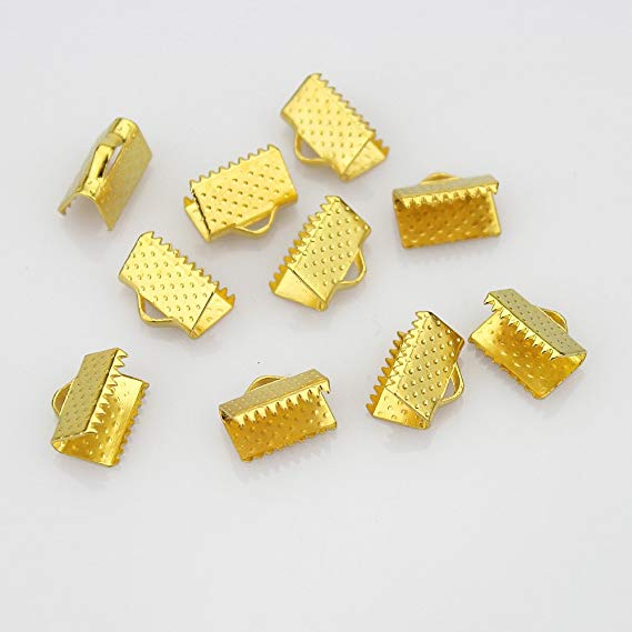 LolliBeads (TM) 10 mm Gold Plated Ribbon Bracelet Bookmark Leather Pinch Crimps End Findings (50 Pcs)